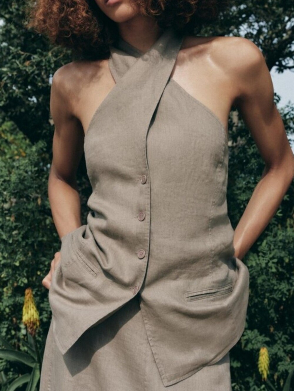 Zara 100% Linen Sleeveless Halter Top Sz L